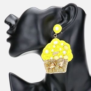 Neon Yellow Beaded Cupcake Dangle Earrings Cute